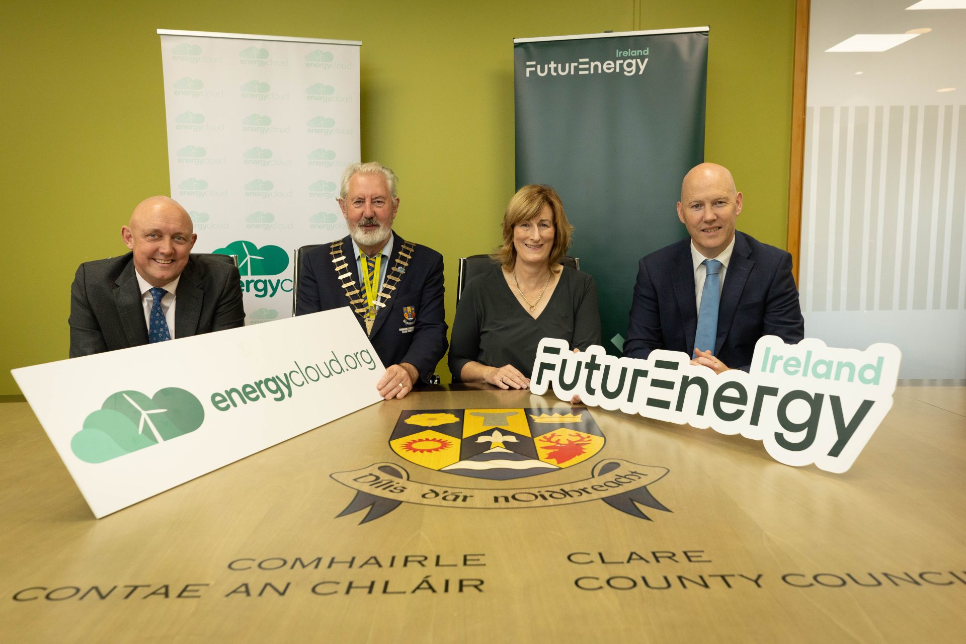 EnergyCloud CEO Alan Wyley, Cathaoirleach of Clare County Council, Councillor Joe Killeen, Delivery Director at FuturEnergy Ireland, Mary Lynch and Chief Executive of Clare County Council Gordon Daly.